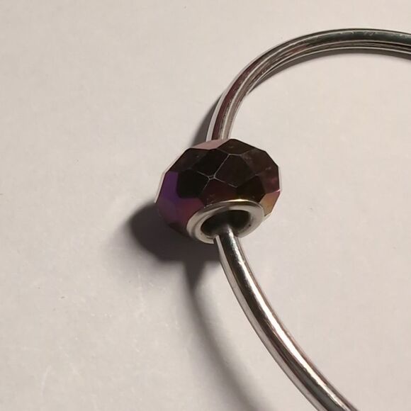 Silver and Purple Faceted Glass Charm for Pandora Style Bracelet - Picture 2 of 2